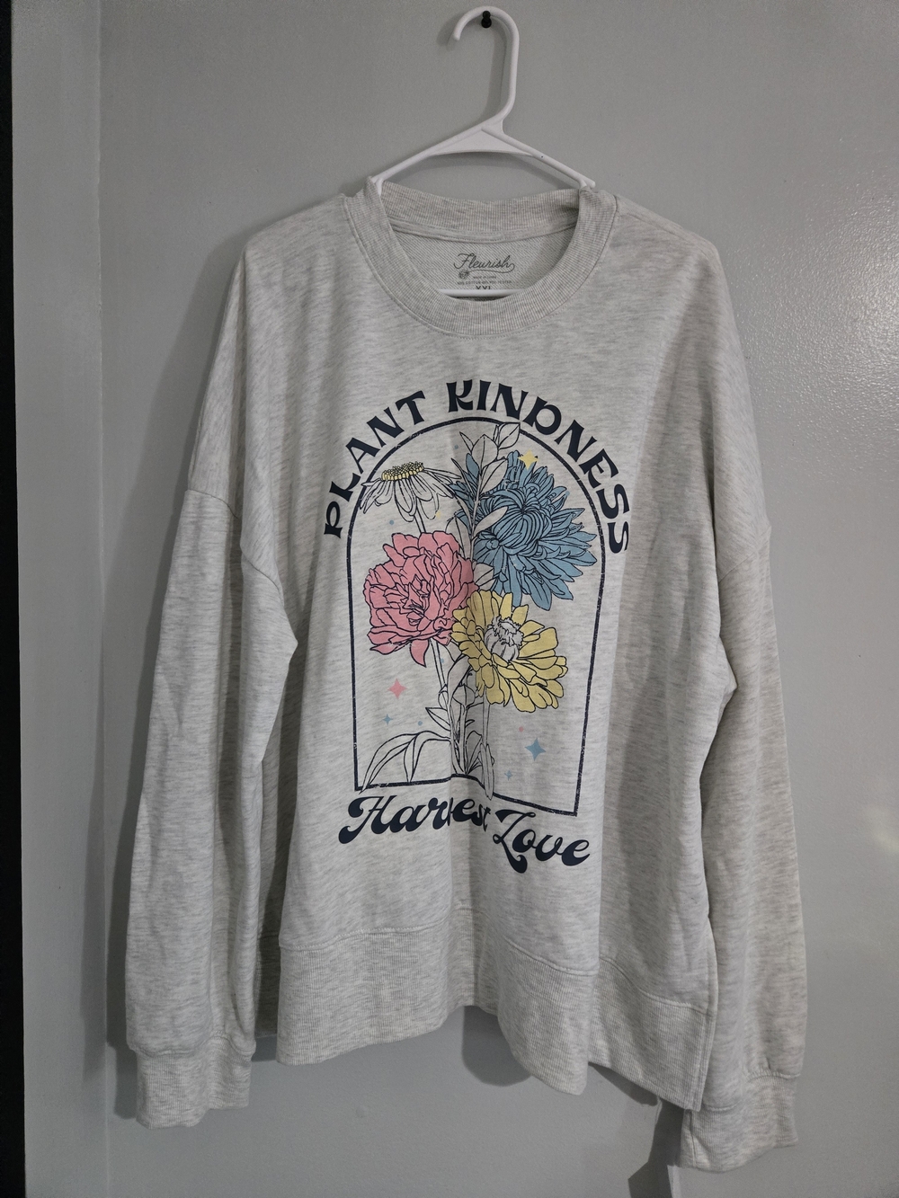 Fleurish Light Gray Crewneck Sweater with Blue, Pink & Yellow Floral Graphic